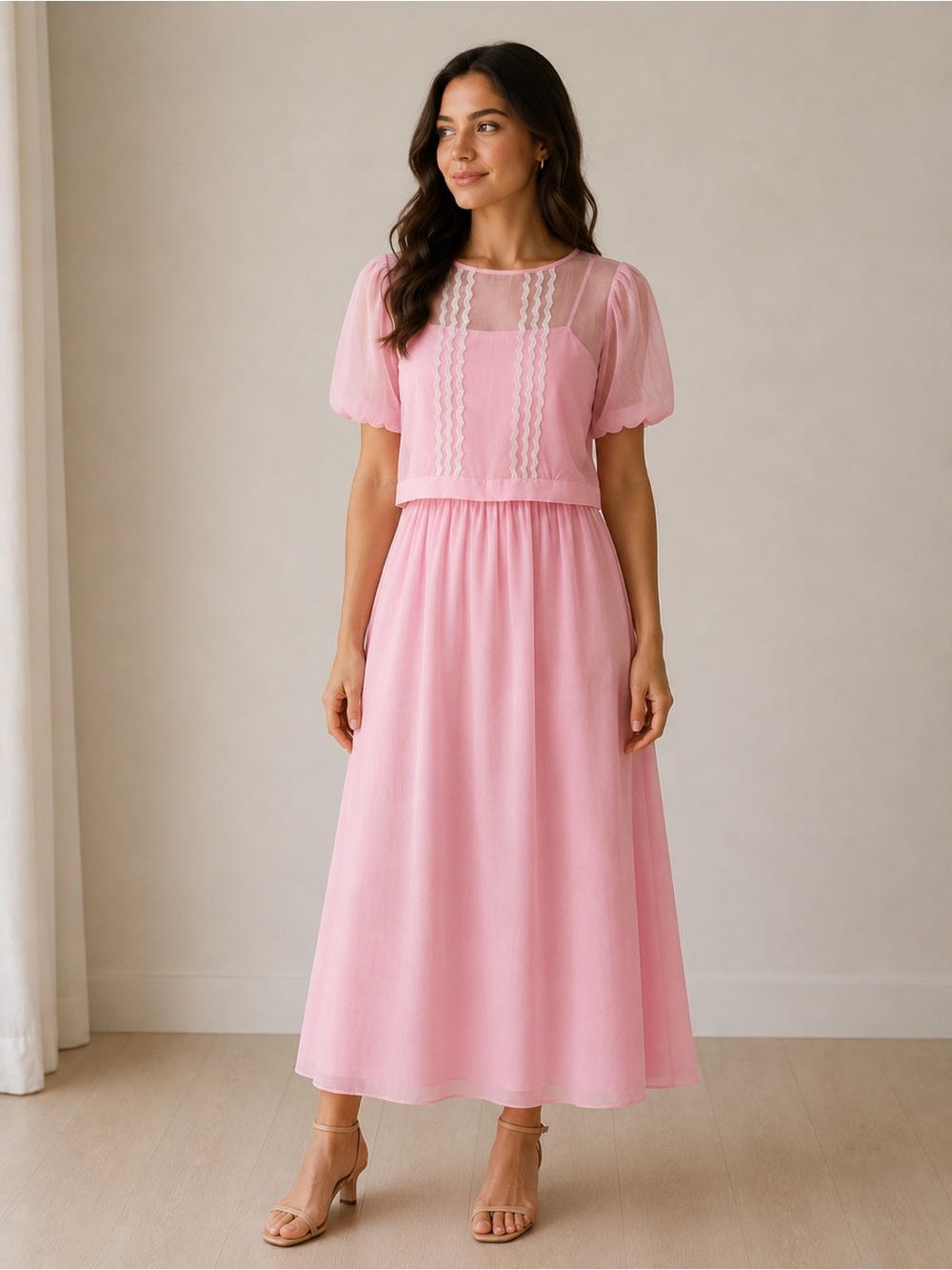 Vintage House of Bianchi Pink Coquette Party Dress Sheer Overlay Midi Skirt USA